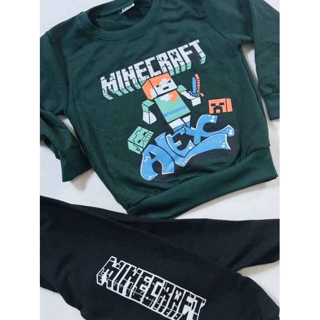 Komplet dziecięcy dwuczęściowy zielony bawełna spodnie bluza motyw Minecraft rozmiar 104